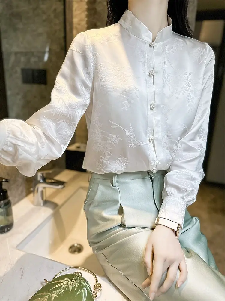 

2024 new chinese style bamboo bird white oriental lady top autumn standing collar han element vintage shirt tang suit satin top