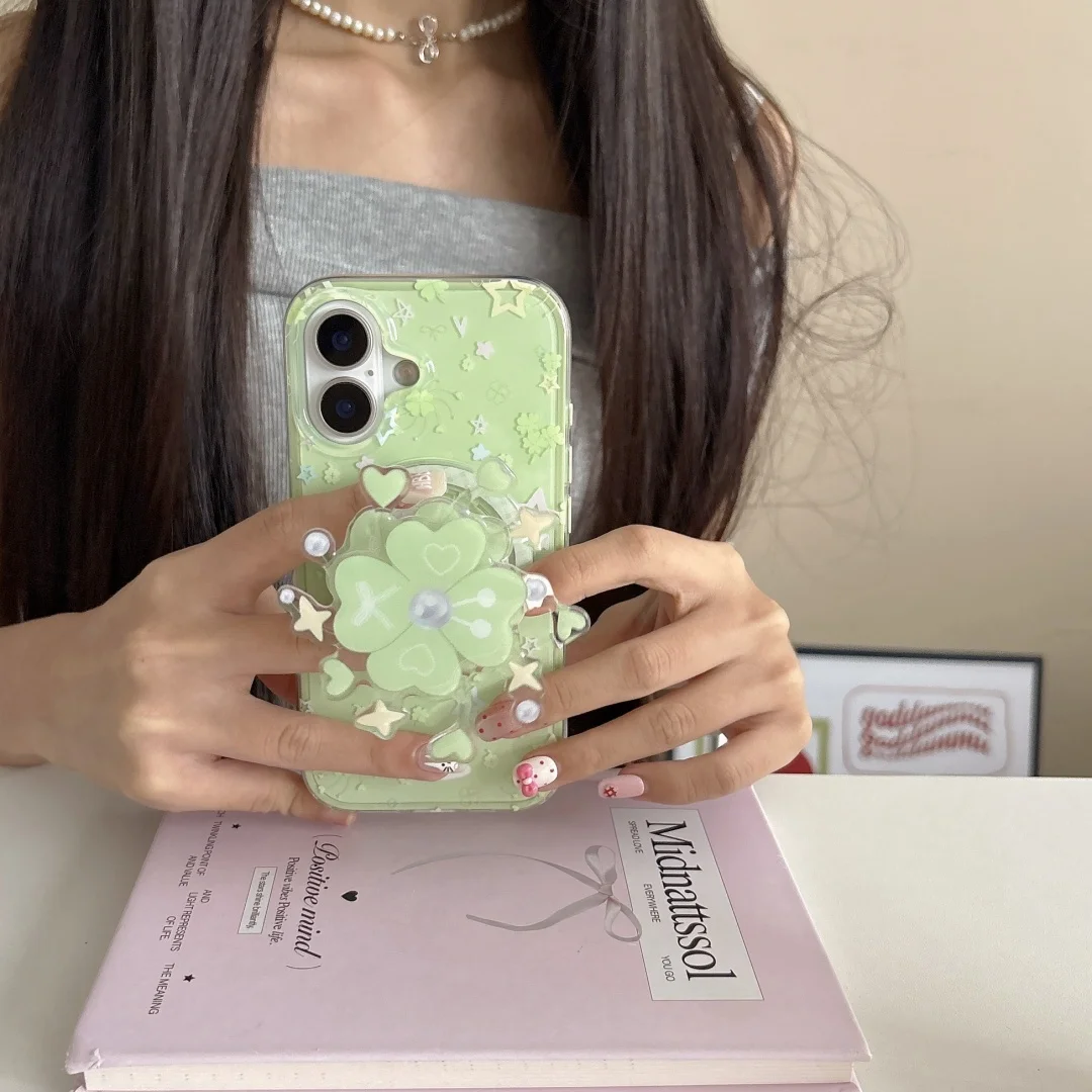 

Green Four Leaf Clover Lucky Phone case For magsafe iPhone16 15 14 Pro Max Case Cute Luxury Cartoon Cover with Magnetic Holder﻿﻿