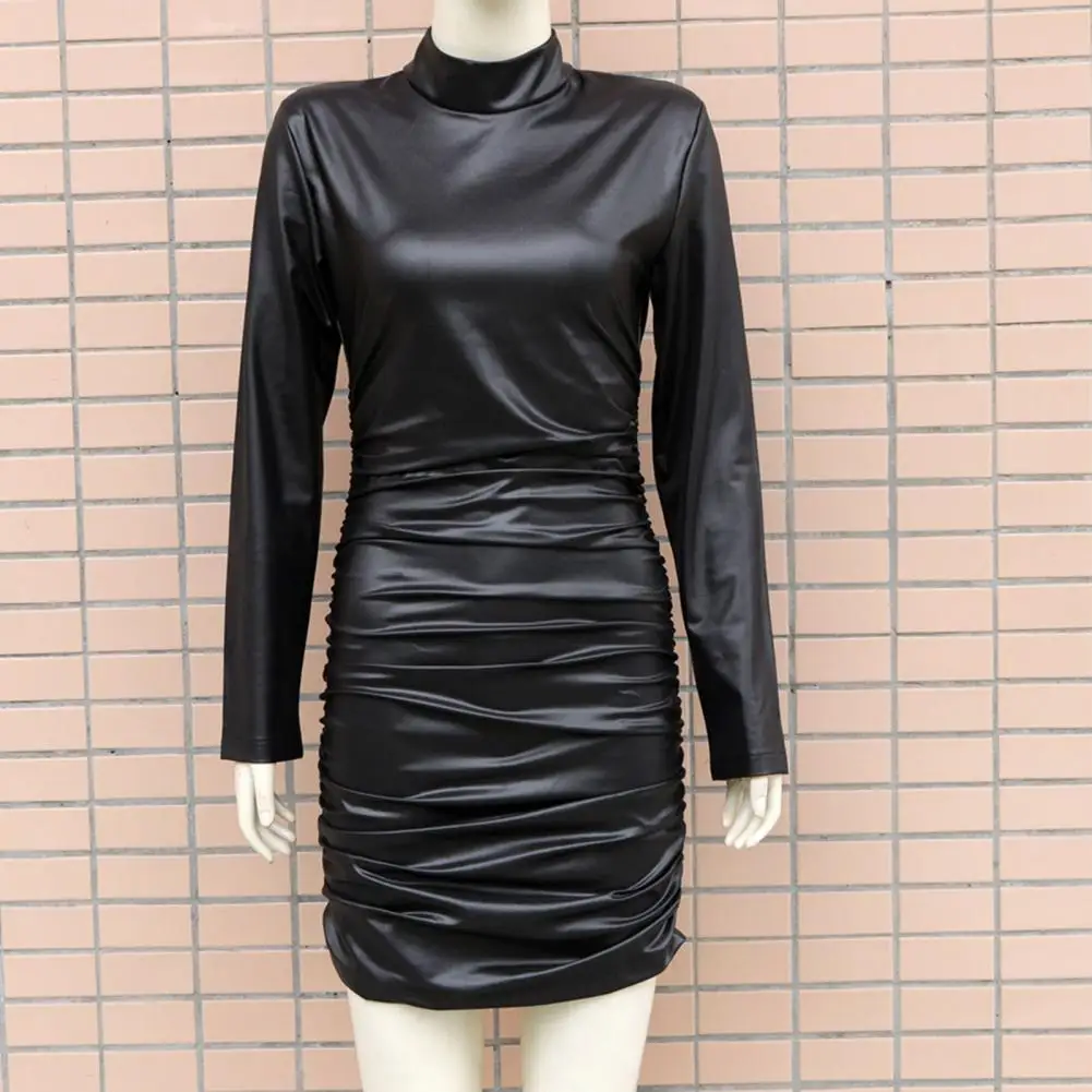 

Faux Leather Turtleneck Party Dress Sexy Party Bodycon Pu Leather Hip Wrap Short Dress Long Sleeve Sundress Female Pencil Dress