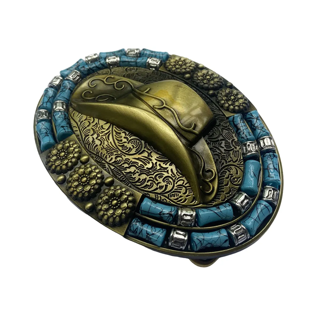 Picture 6: Retro Western Cowboys Hat Belt Buckle Drop Shipping - Oval Style Blue Turquoise Belt Buckle for Men