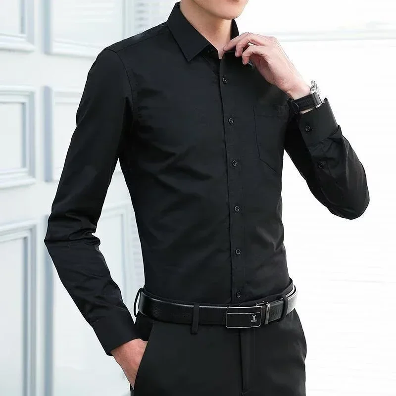 Men Anti Wrinkle Free Business Comfort Fashion Breathable Slim Shirt Elastic New Long Sleeve Shirt Solid Color Comfortable Shirt