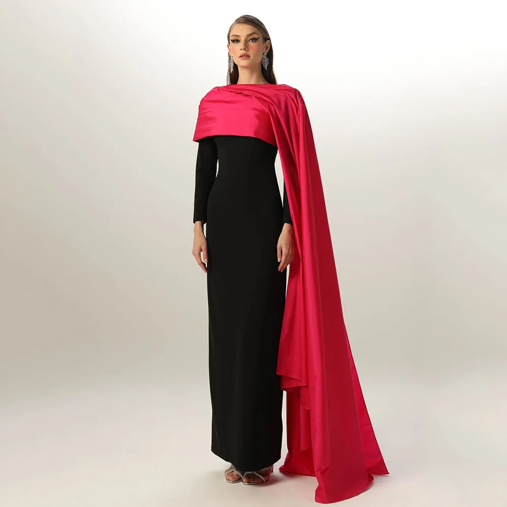 

Black Evening Dress Hot Pink Cape O Neck Long Sleeves Column Evening Gowns for Women Ankle Length Back Split Modest Party Dress
