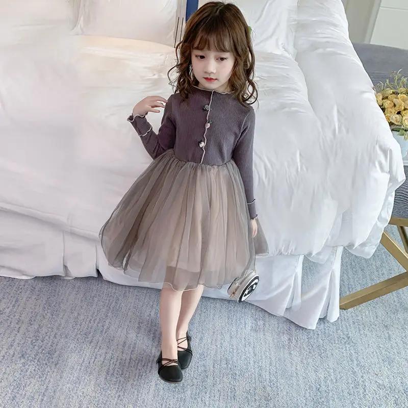 

2023 Autumn and Winter Girls Pullover Round Neck Patchwork Button Lace Slim Solid Color Fashion Casual Elegant Long Sleeve Dress