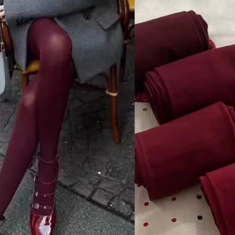 Sexy Wine Red Tights Vintage Stocking High Elastic Velvet Pantyhose Women Anti-hook Silk Fall Winter Slimming Stocking Leggings