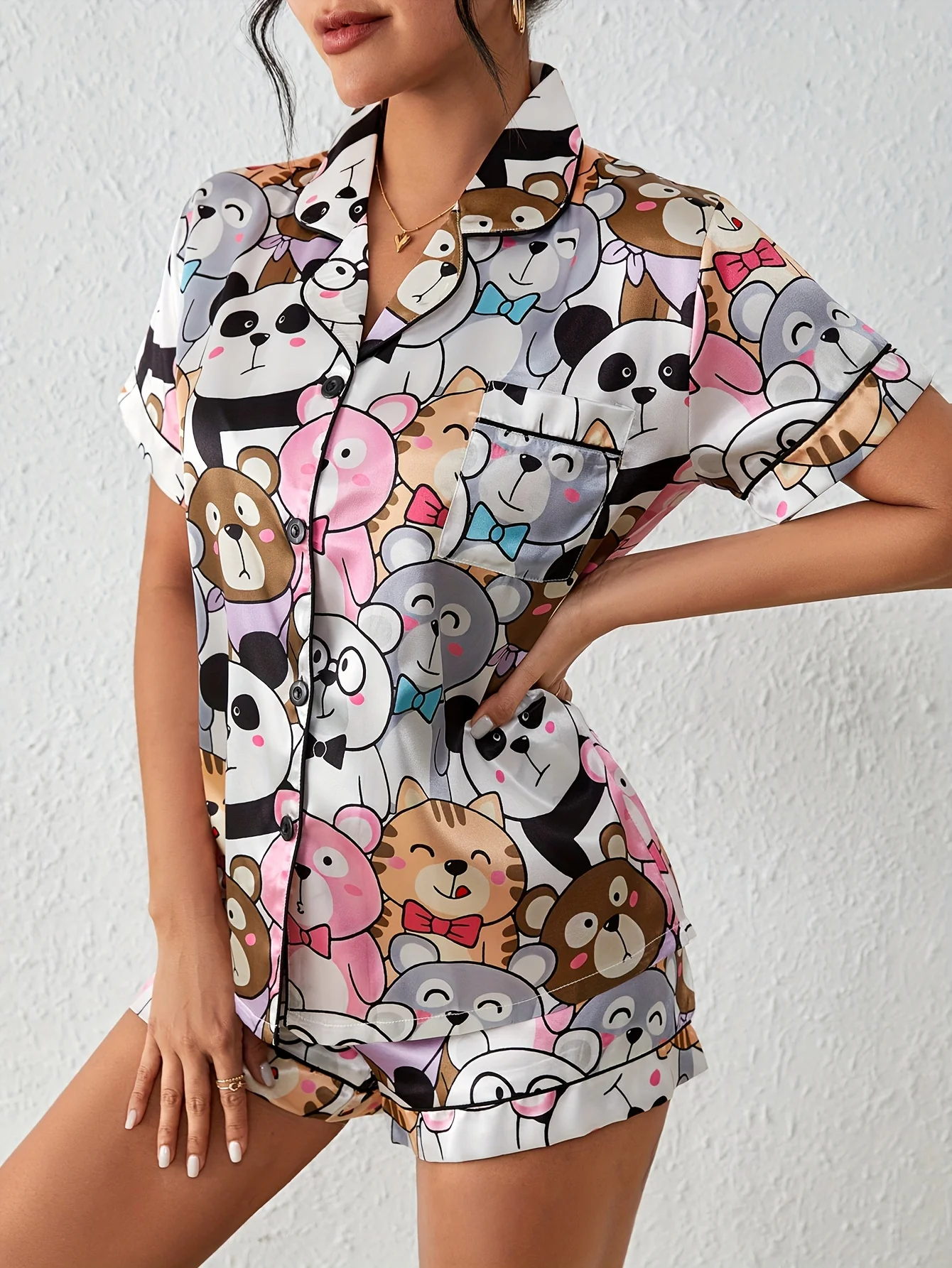 Cute Cartoon Print Satin Pajama Set Short Sleeve Buttons Lapel Top & Elastic Shorts Women's Sleepwear