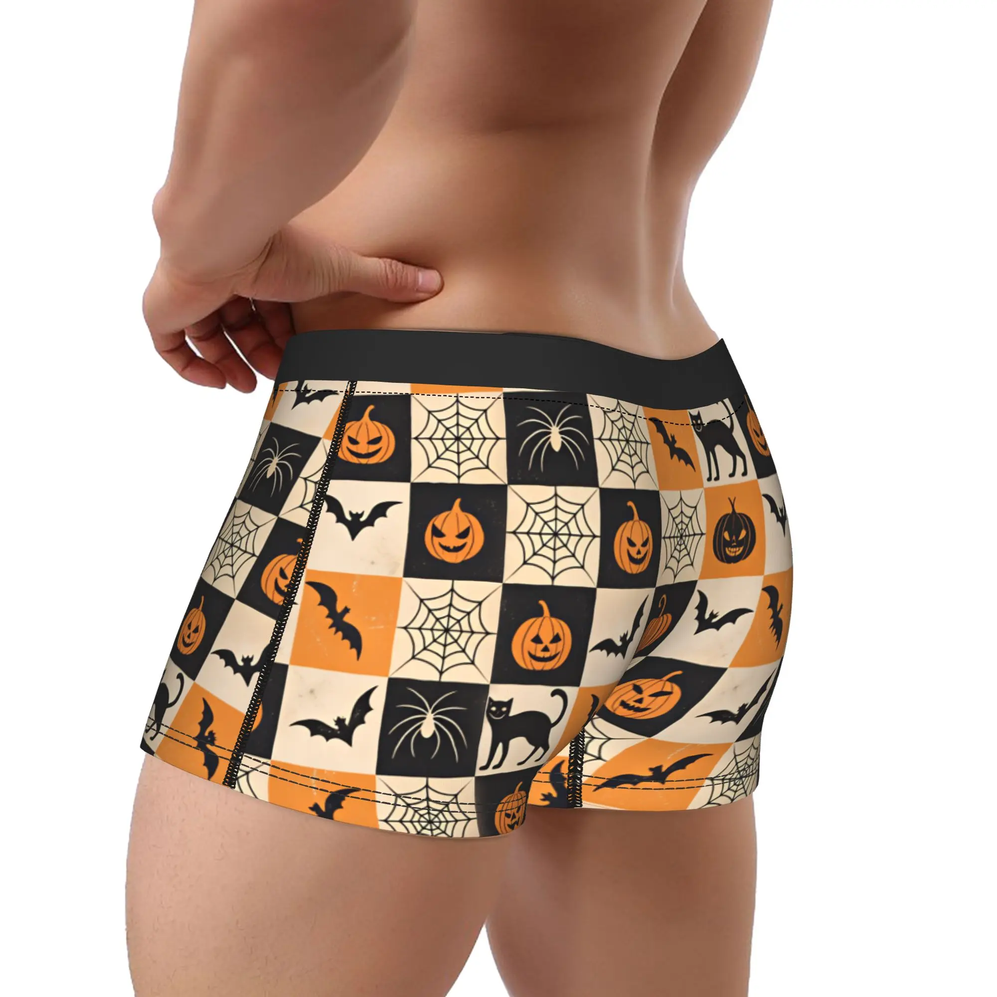 Halloween Checkerboard Bat Cat Spider Pumpkin Seamless Pattern Underwear  Men Underpants Custom Comfortable Boxer Shorts