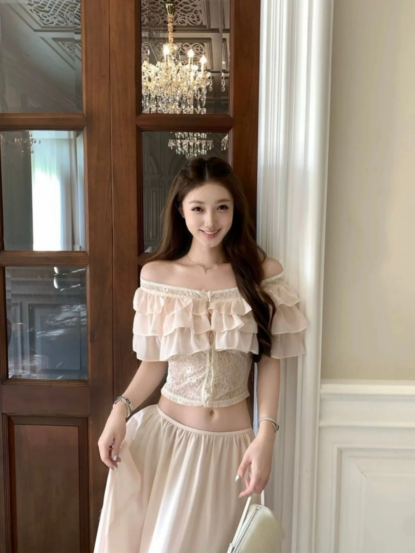 

Elegant Fashionable Women's Two-Piece Set with Ruffle Hem Top And Midi Skirt Breathable Polyester Breathable Summer Outfit
