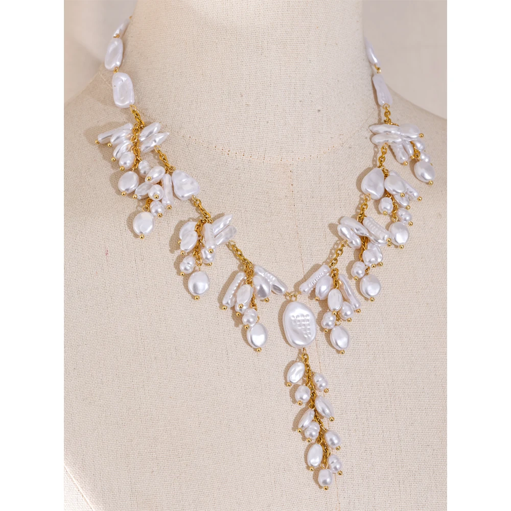 Waterproof Simulated Pearl Drop Necklace - Stainless Steel Y-Collar