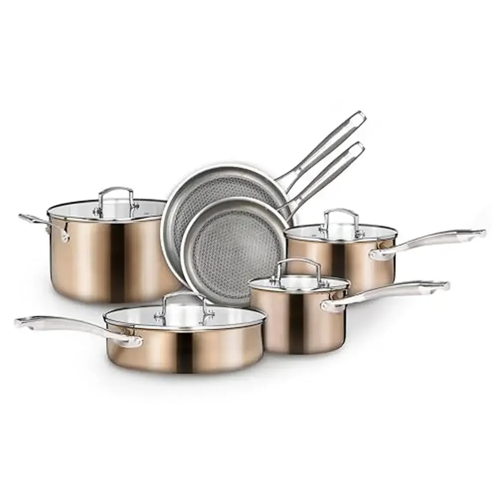 10 Pc Stainless Steel Cookware Set Tri-Ply Construction Mirror Finish Nonstick Frying Pan Induction Compatible Dishwasher Safe