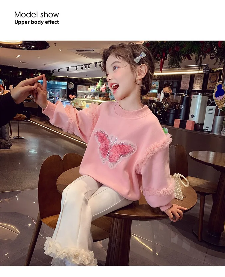Herbst Kinder Mädchen Sweatshirts Schwestern Partnerlook Baumwollkleidung Pailletten Schmetterling Rüschenbesatz Langarm Rundhals Pullover Tops – Detail 3