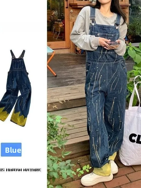 

Anti-Aging adient Splaed Denim Overalls Women's Spring Autumn New Large Size Faionable One-Piece Pants for Plump Sisters
