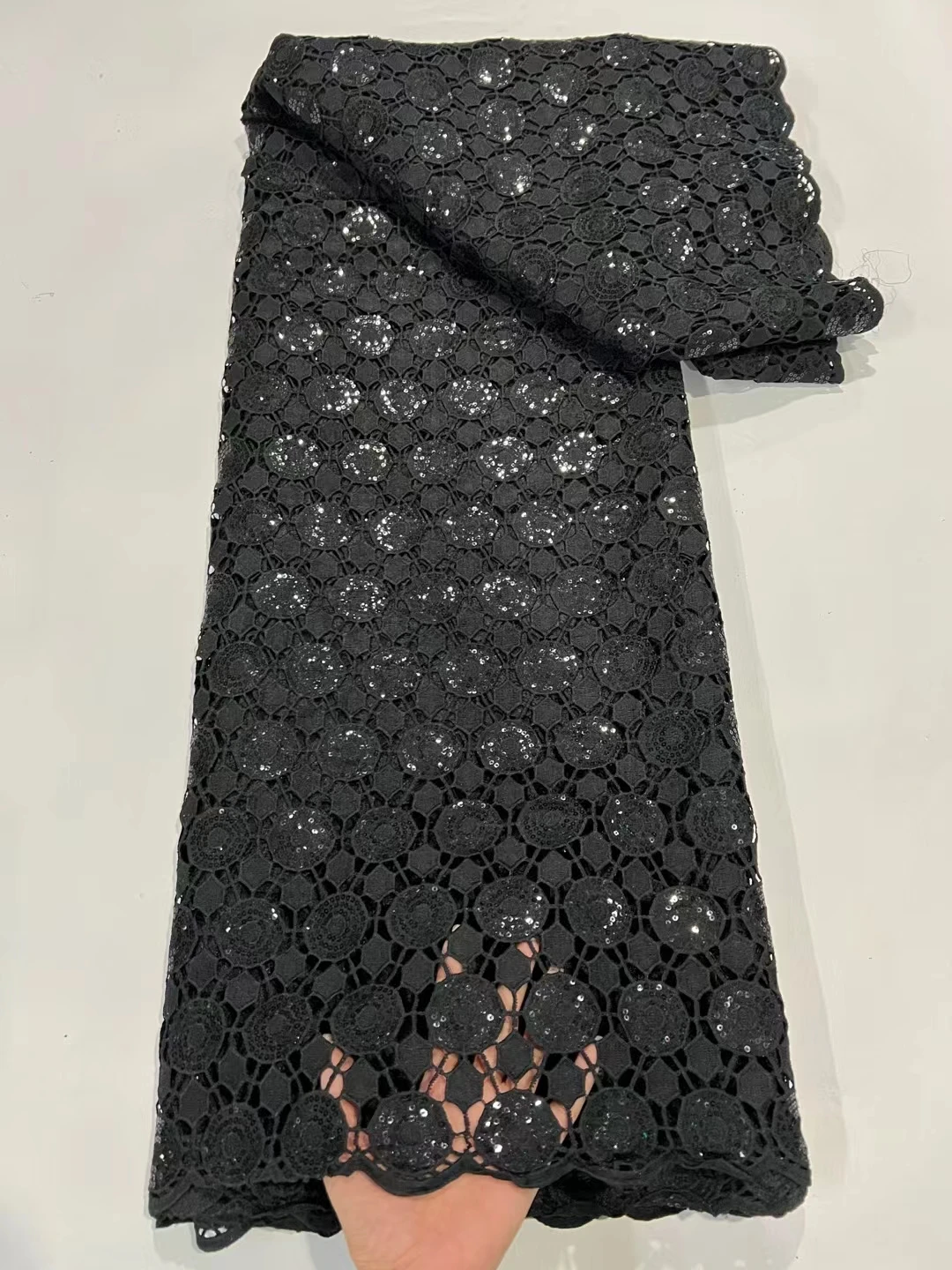 Latest Black African Milk Silk Sequins Cord Lace Fabric 2023 High Quality Nigerian French Lace Water Soluble Lace Fabric KR2302