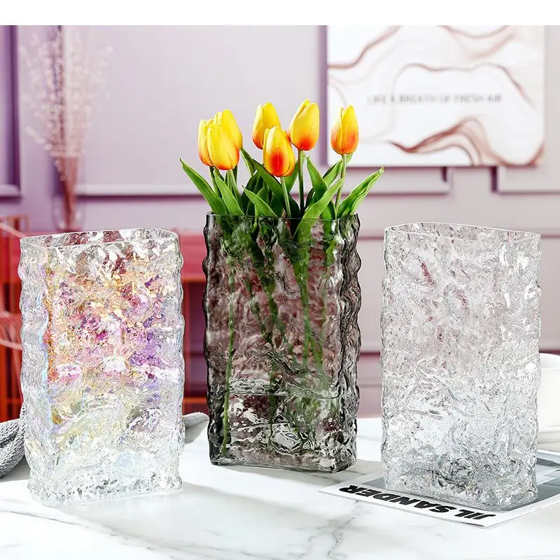 Relief Glacier Square Glass Vase Hydroponic Flower Pots Desk Decoration Artificial Decorative Floral Arrangement Vases