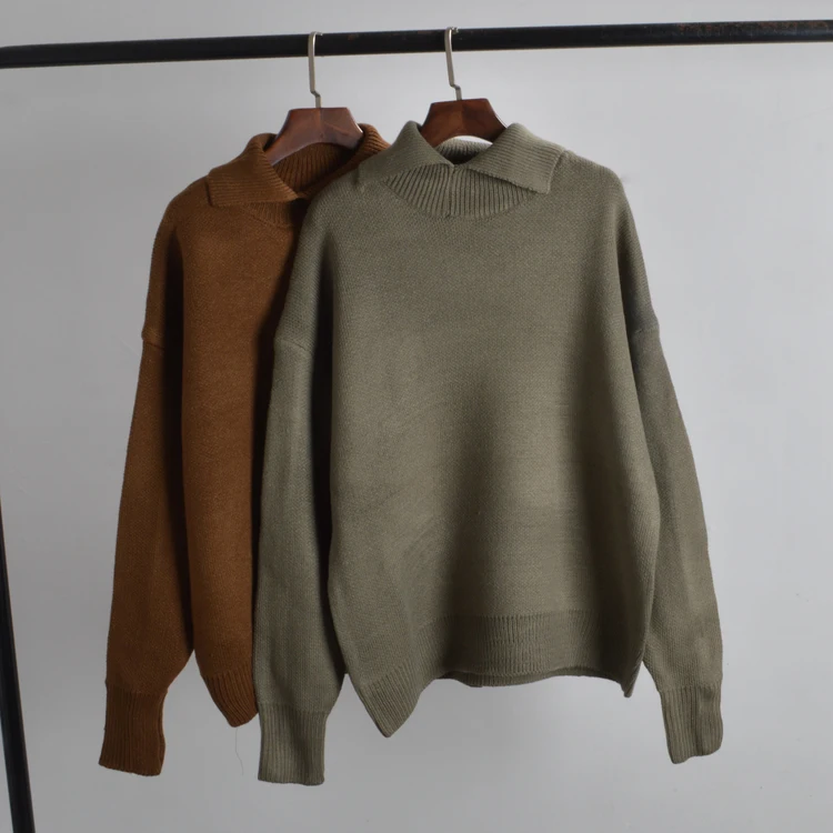 

Winter New Thiened Long Sve Knitted Loose Women's Top Pure Color Diagonal Collar Lazy Sle Regular Gauge Yarn Commute