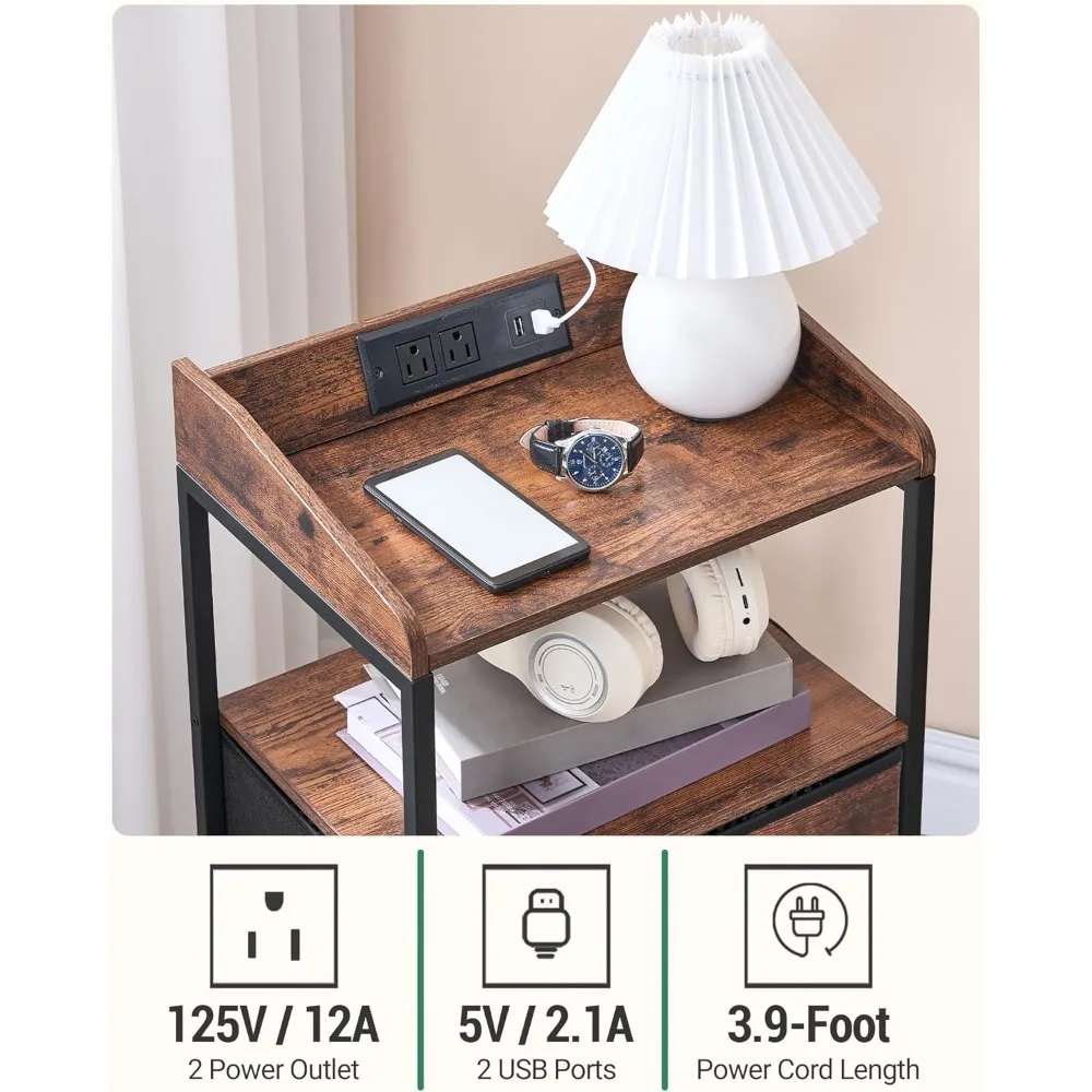 Nightstand with LED Lights and Charging Station, End Table with 2 Fabric Storage Drawers and Shelves, Nightstand