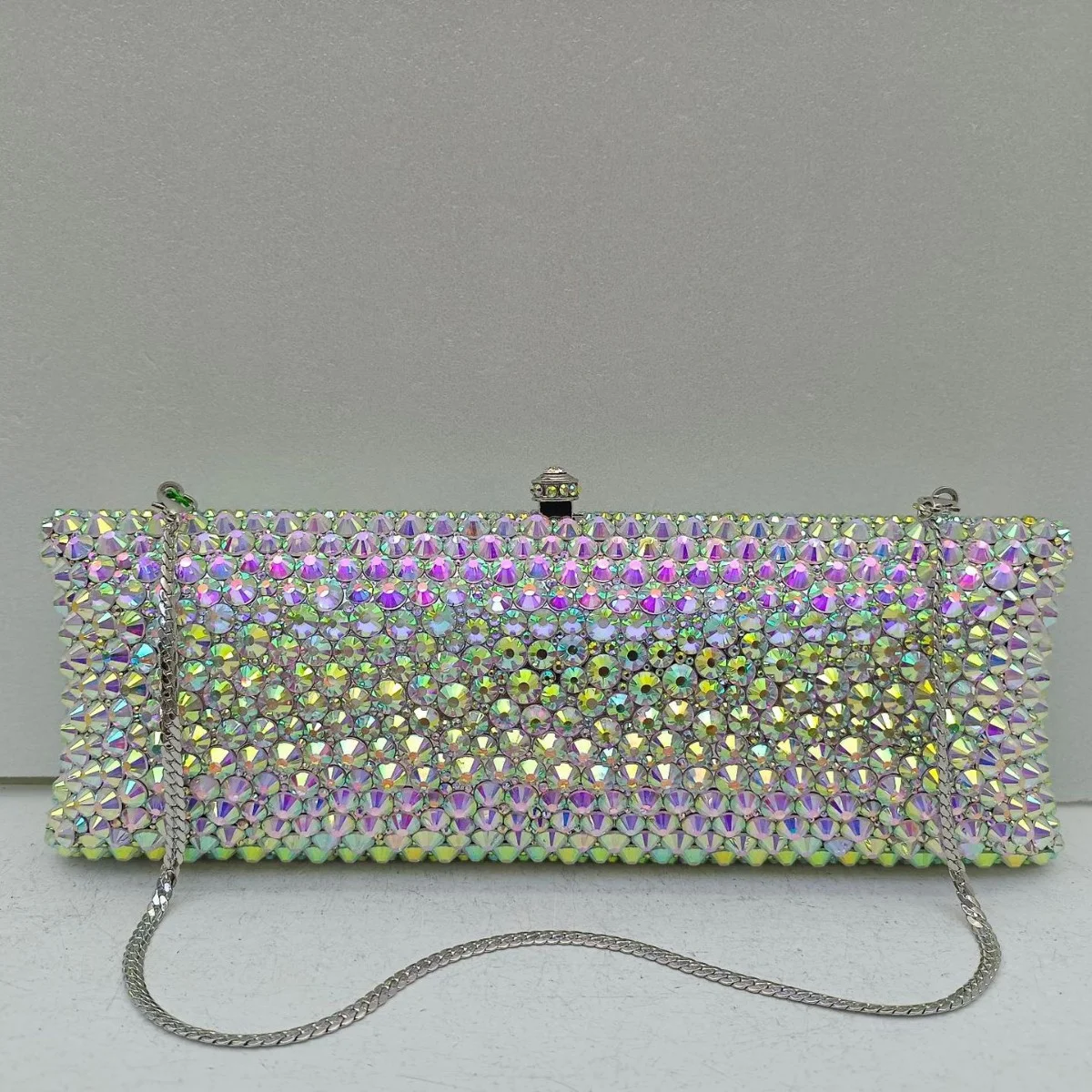 

XIYUAN Iridescent AB Crystal Rectangle Clutch Rhinestone Evening Purse with Chain for Women Party Luxury Wedding Bridal Handbag
