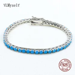 Pure Silver 15-21 cm Tennis Bracelet Pave 3 mm Turquoise Blue Stone Beautiful Real 925 Jewelry For Women/Men