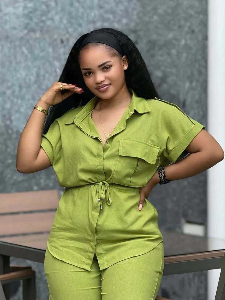 Conjunto de calças verdes e blusa de cintura emagrecedora para mulheres verão cor sólida 2 peças terno feminino chique roupa casual streetwear