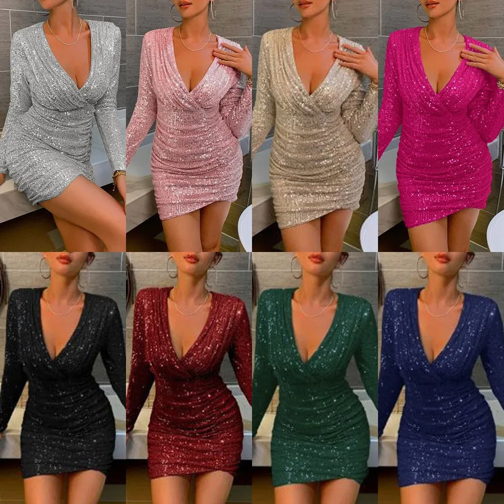 V Neck Sequins Gown Bodycon Streetwear with Elegant Sequined Long Sleeve Regular Sleeve Single Mini Length Gathered for Women