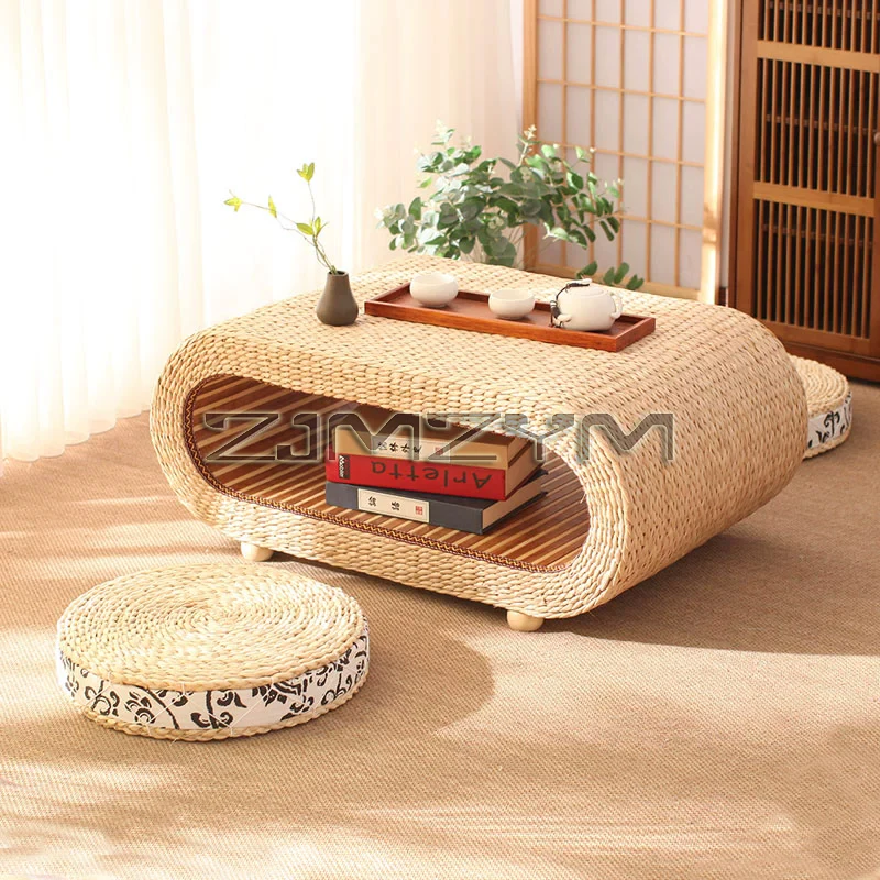 Oval Woven Tea Table Japanese Style Bay Window Table Small Tea Table Simple Balcony Low Table Platform Kang Table