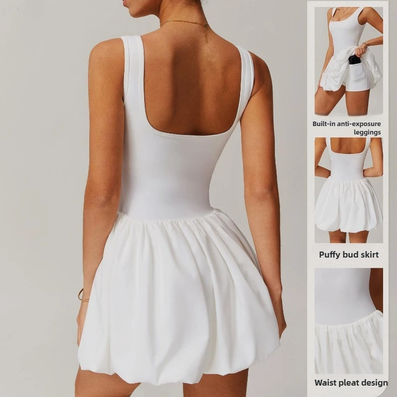 

New Fake Two-piece Sports Dress Women's Anti Glare Yoga Tennis Dress Sleeveless Outdoor Running Fitness Dance Jumpsuit Rompers