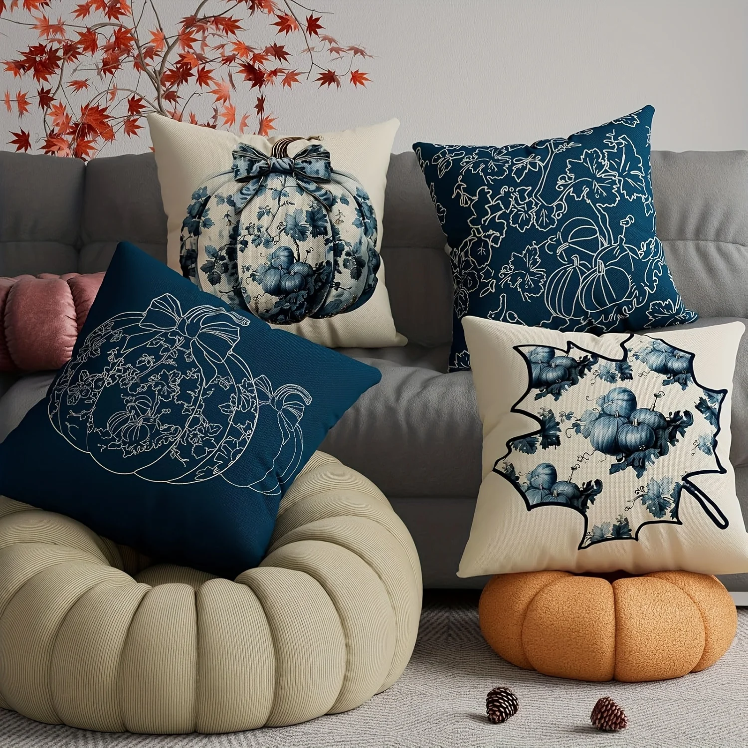 4pcs Blue and White Porcelain Style Pumpkin & Maple Leaf Throw Pillow Covers - Autumn Farmhouse Decor, Machine Washable Linen, Z