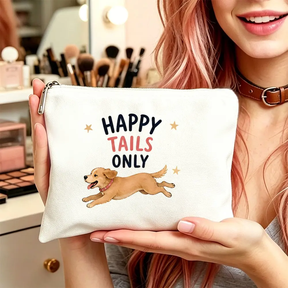 Happy Tails Dog Print Makeup Bag Toiletry Pouch Suitable for Women Moms Daughters Travel Cosmetic Zipper Closure Dog Themed Gym