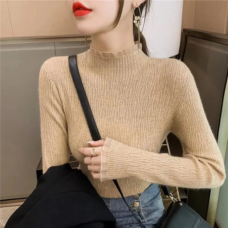 Autumn High Collar Long Sleeve Skinny Elastic Casual Tops Bottoming Sweater Women Basics Knitted Shirts Warm Knitwear Pullovers