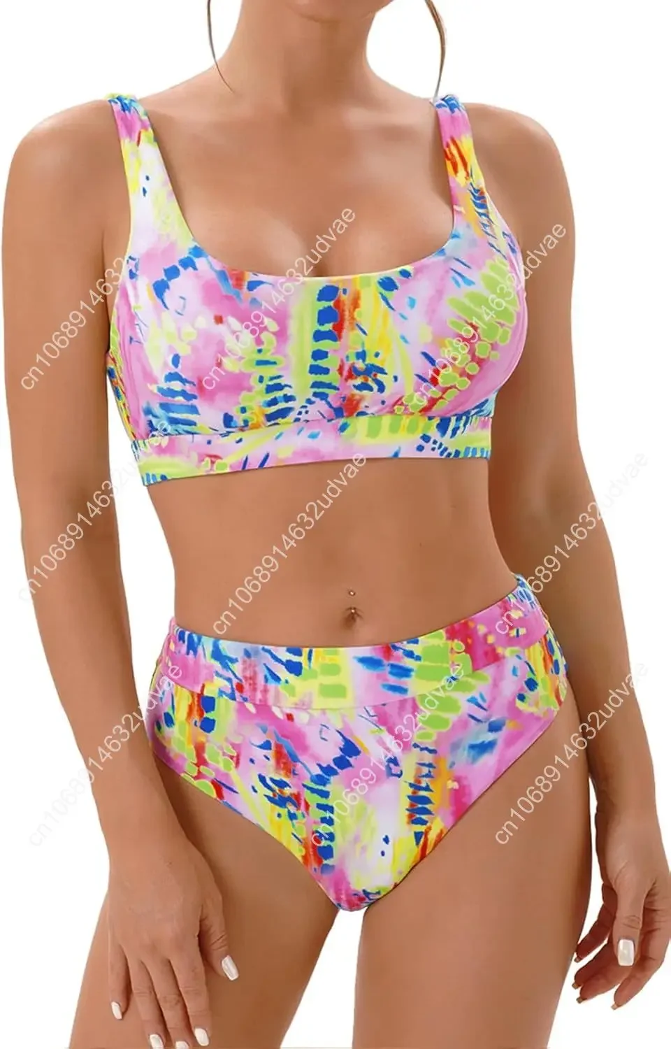High Waisted Two Piece Swimsuits for Women Tummy Control Tankini Bathing Suits Sporty Printed Swimwear