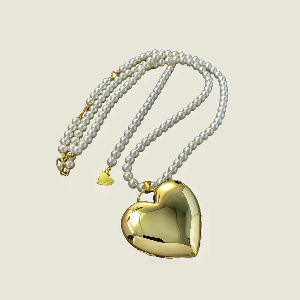 Large metal open and close heart long strap bag necklace