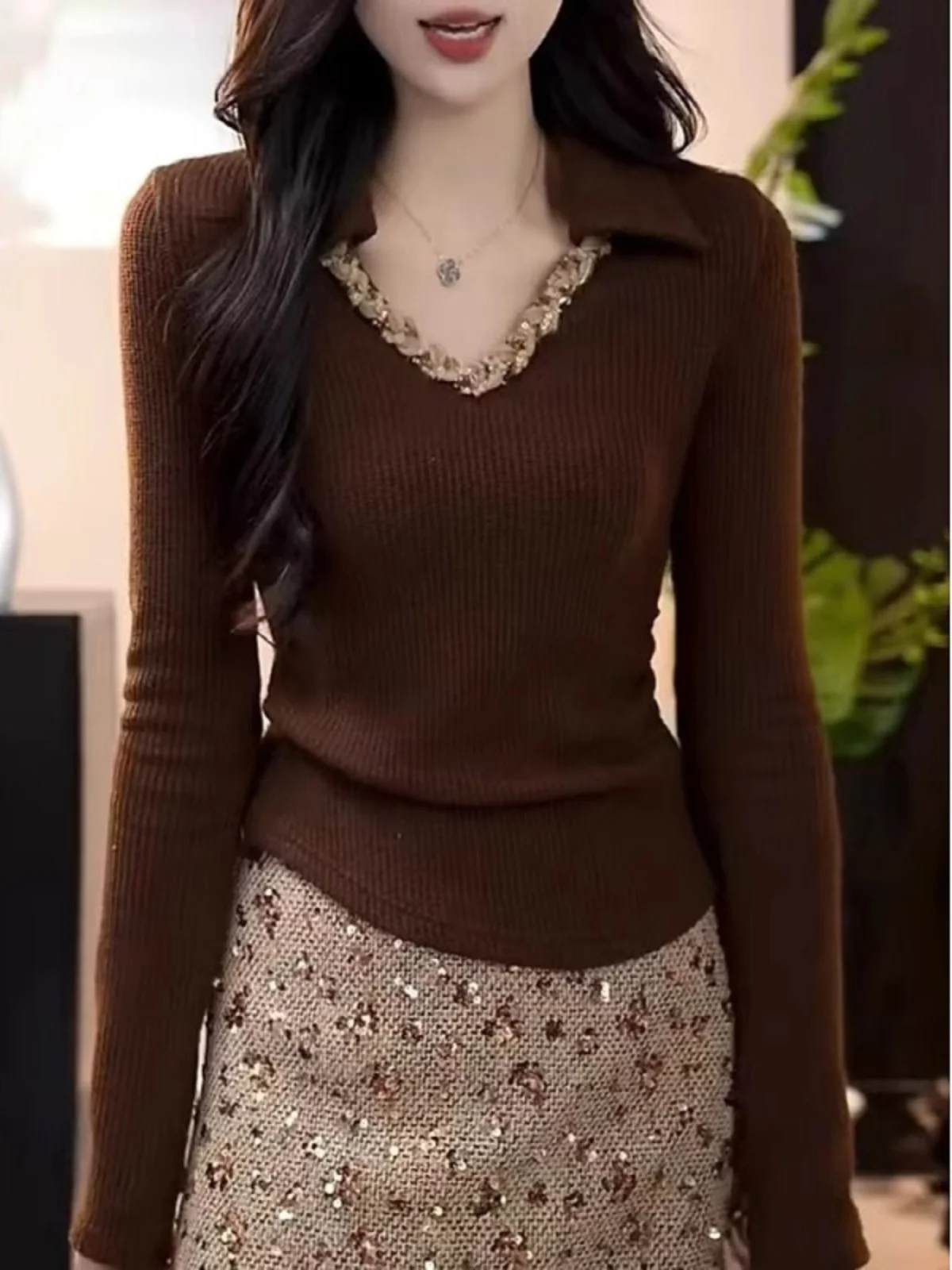 

Korean Japanese Sle Pure Color Knitted Sweater Women's Slim Fit Casual Long Sve Top V-Ne Spring Autumn Faion