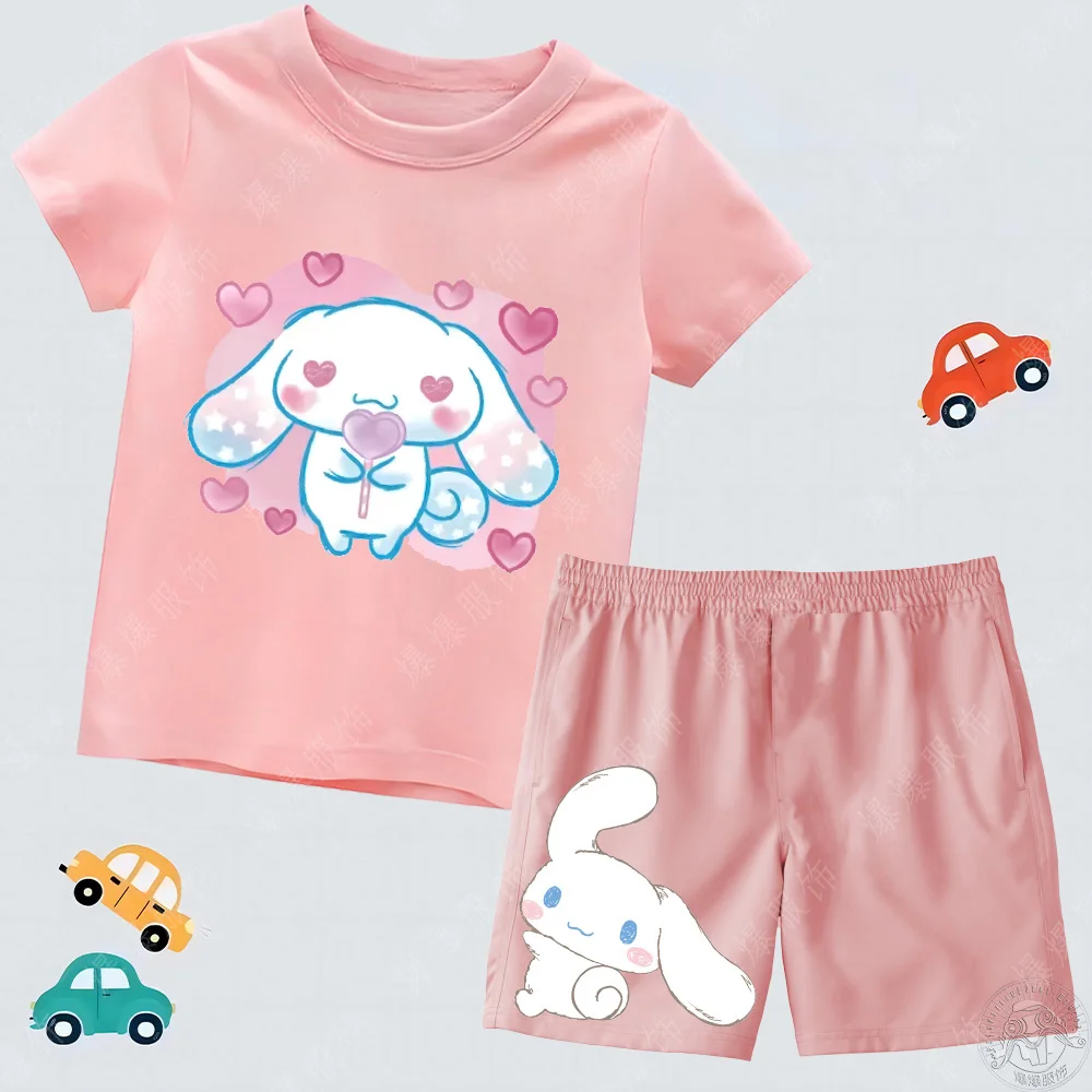 Summer Kids Sanrio Cartoon Kids Beach pants + Tops Short sleeve Set 2d Cinnamon dog Print pink set Girls casual T-shirt suit