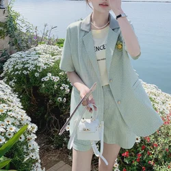 Women's Summer Korean New Checkered Suit Coat Commuting Fashion Display White Print Button Pocket Panel Top Zipper Shorts Set