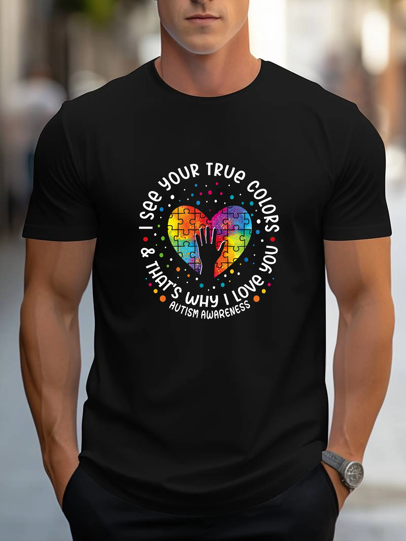 

I See Your True Colors Puzzle World Autism Awarenes Graphic T-shirt Men's Cotton T-shirt Fashionable Casual O-Neck Short Sleeve