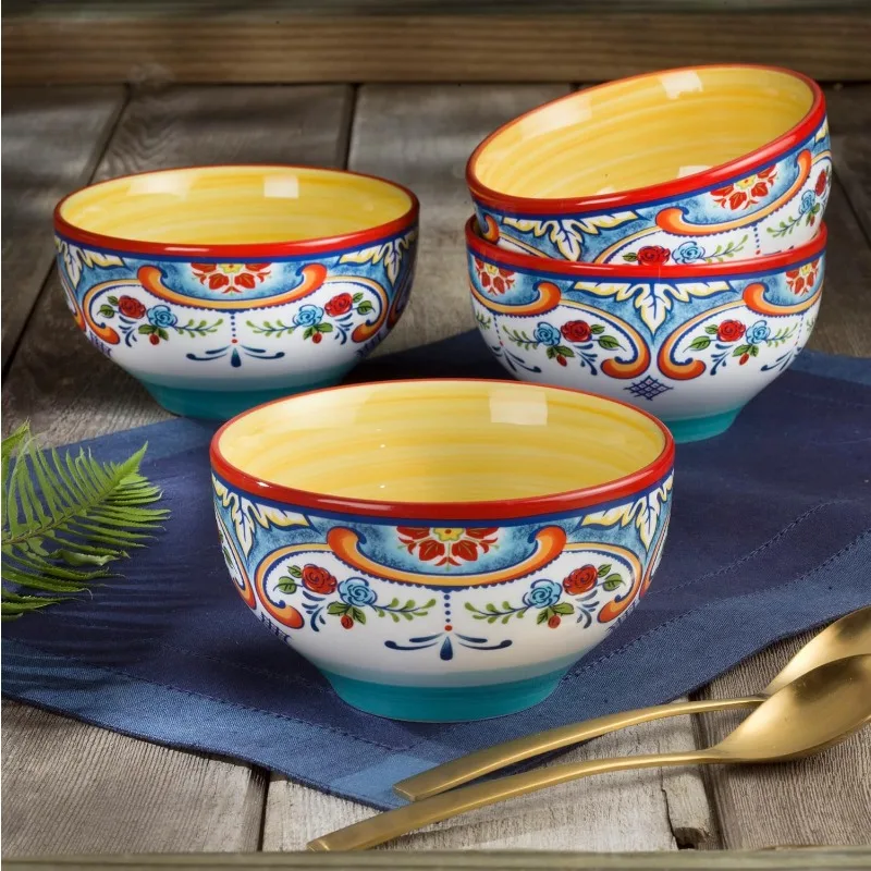 Zanzibar Collection 16 Piece Dinnerware Set Kitchen and Dining, Service for 4, Spanish Floral Design, Multicolor,Blue and Yellow