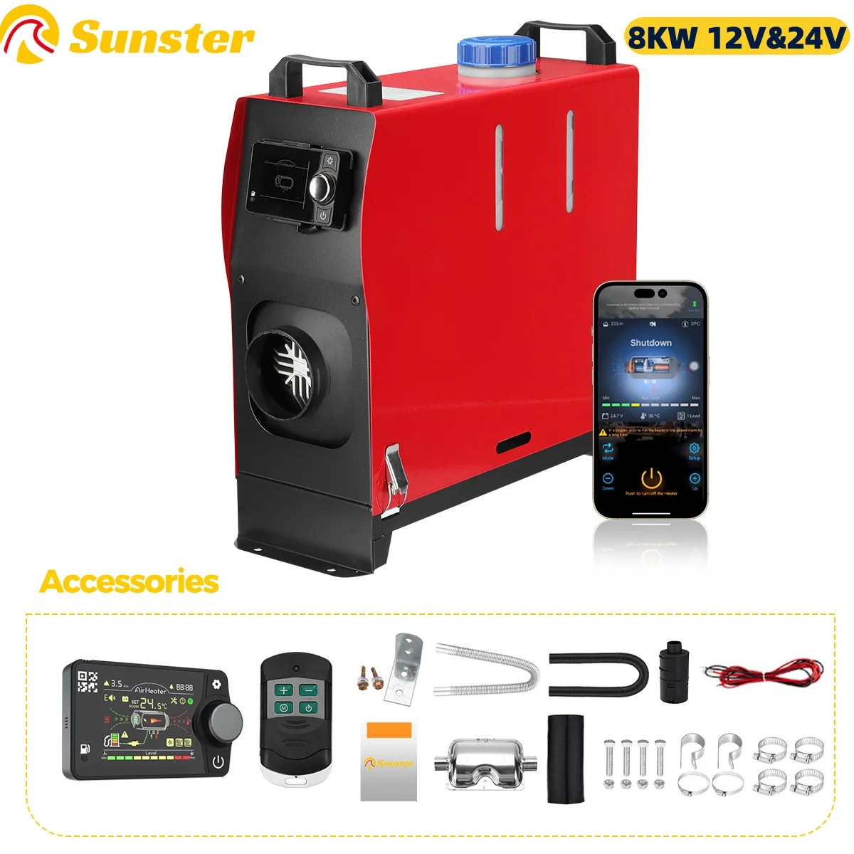 8 kW Diesel-Lufterhitzer, 12 V und 24 V, All-in-One-Standheizung mit LCD-Schalter und Ladesteuerung, Bluetooth-App für Wohnmobil, LKW, Auto, Zelt