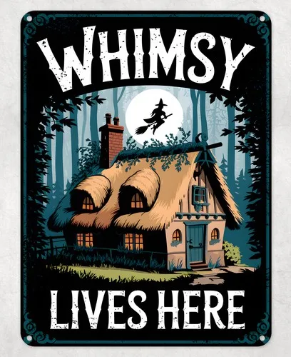 Whimsy Lives Here Funny Metal Poster Wall Tin Sign Man Cave Shed Home Plaque --Tin Sign
