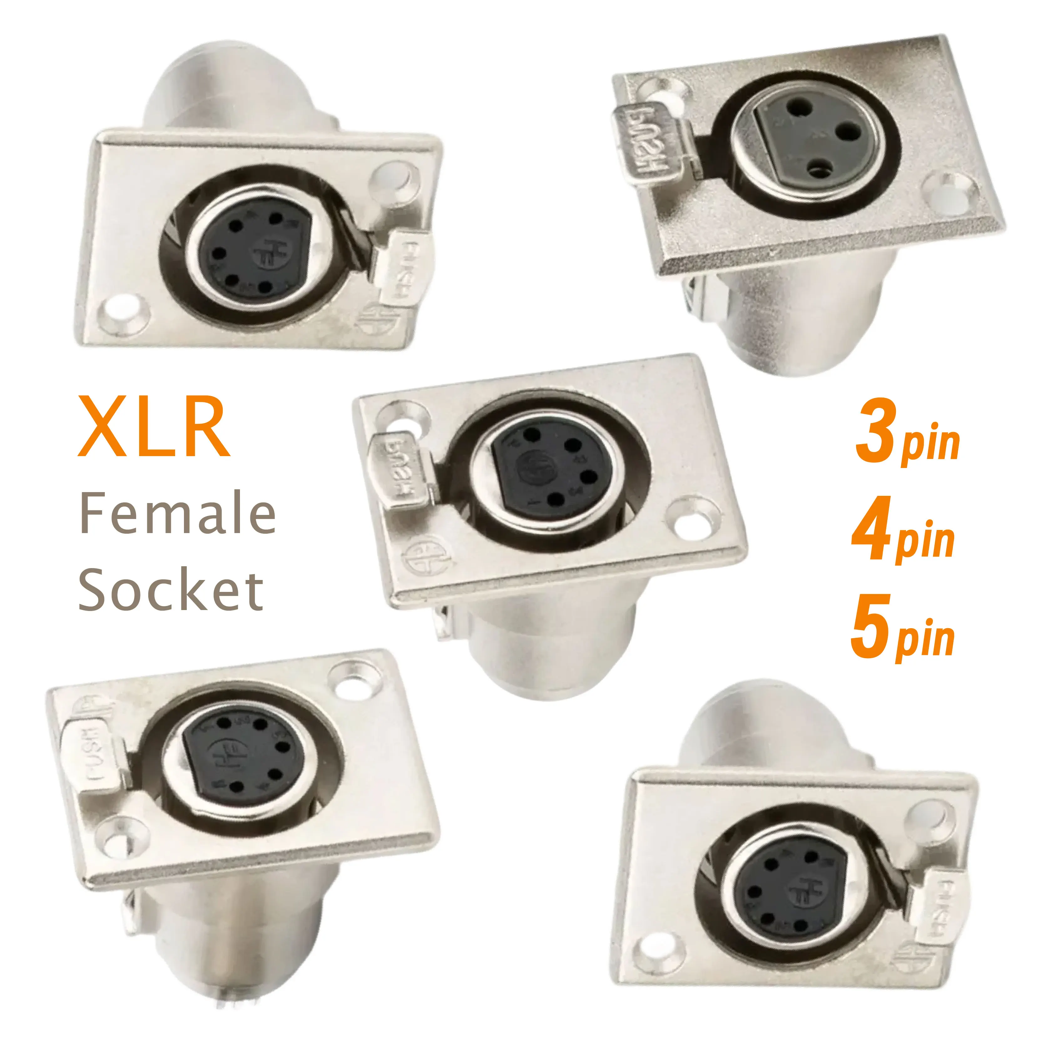 XLR Female Socket Panel Mount Mic Connector 3 Pin 4 Pin 5 Pin with Solder Terminals Zinc Alloy Construction