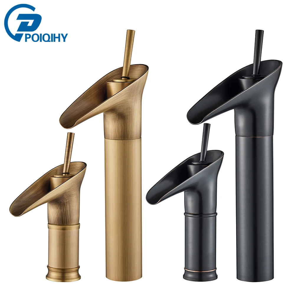 

ORB Black Waterfall Bathroom Faucet Brass Basin Faucet Hot and Cold Faucet Single Handle Golden Vessel Sink Water Tap