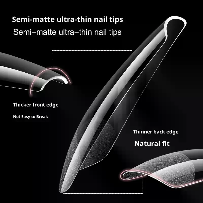 216 Uds. De puntas de uñas postizas sin costuras, cubierta completa transparente, punta de uña medio mate, ataúd largo, uñas artificiales de almendra
