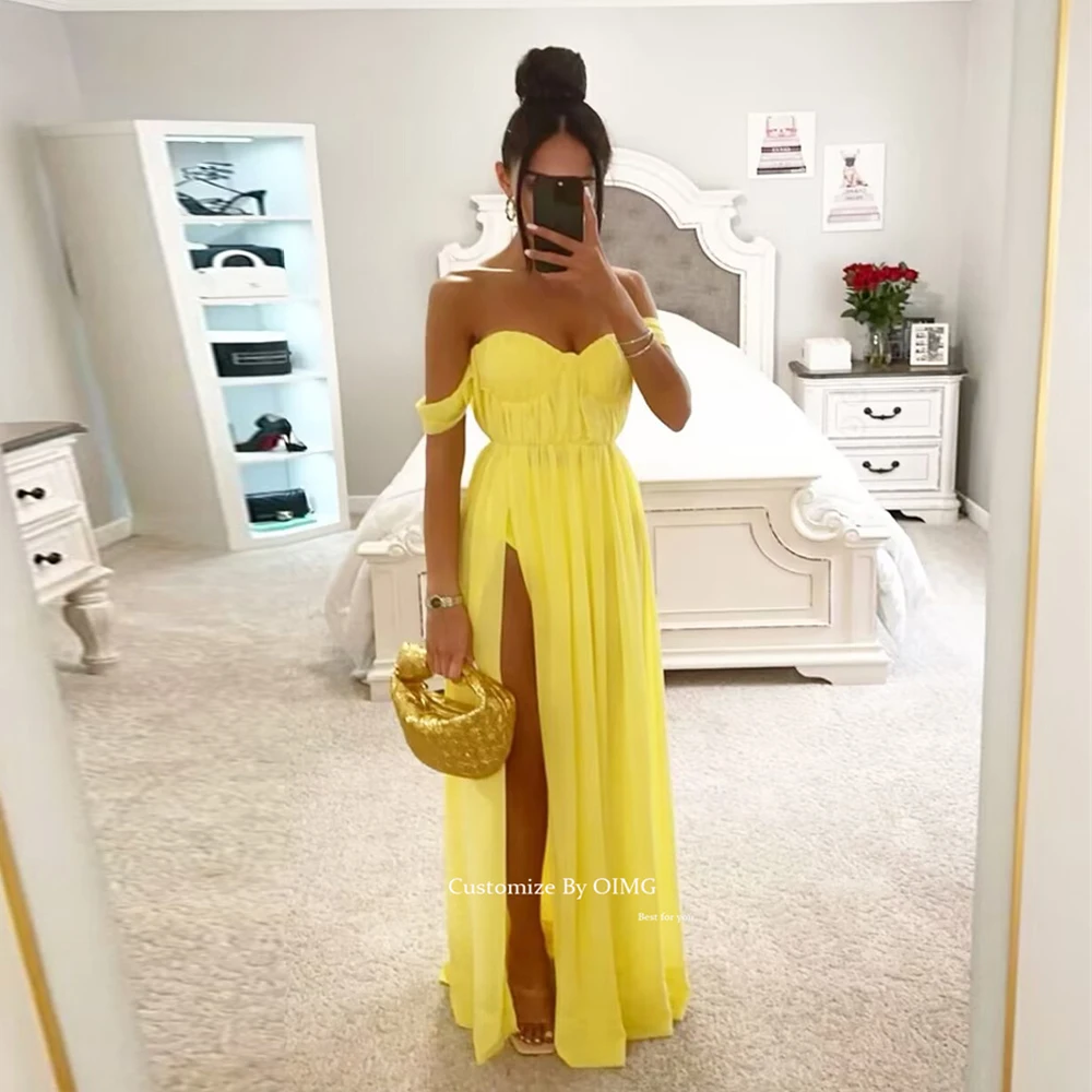 

OIMG Simple Yellow Chiffon Long Evening Dresses Sweetheart Side Slit Floor Length Vintage Formal Event Party Prom Gowns Occasion