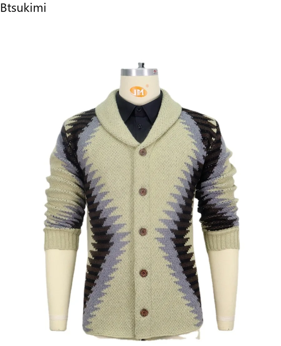 2024 Autumn Winter Men's Thickened Jacquard Knitted Cardigan Retro Lapel Sweater Coats New Fashion Casual Knit Sweaters for Men