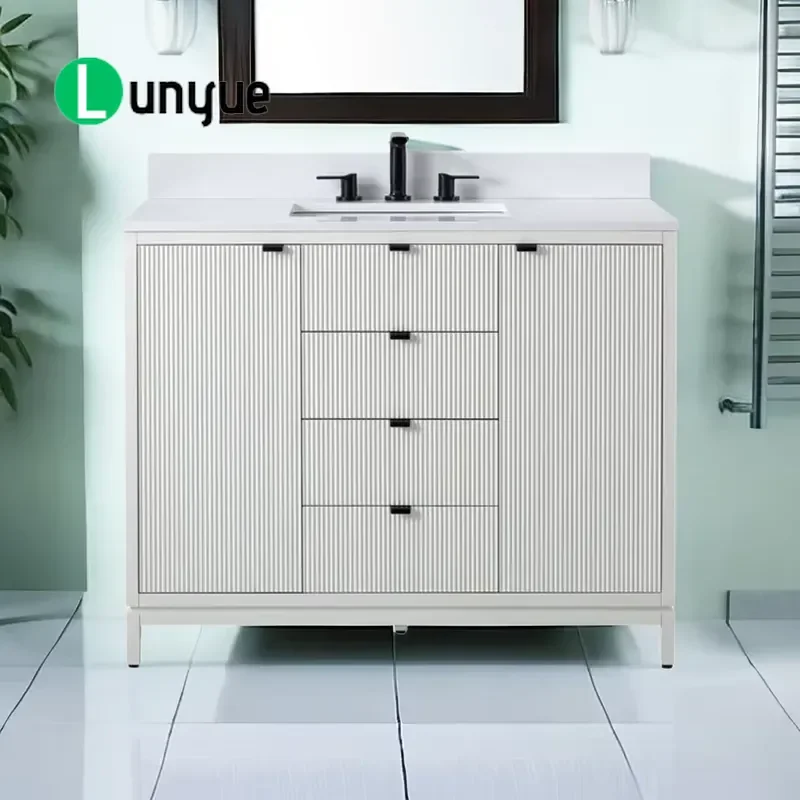 42 Inch Solid Wood Bathroom Cabinet with Artificial Marble Countertop Modern Floor to Ceiling Washstand Luxury Hotel Vanity