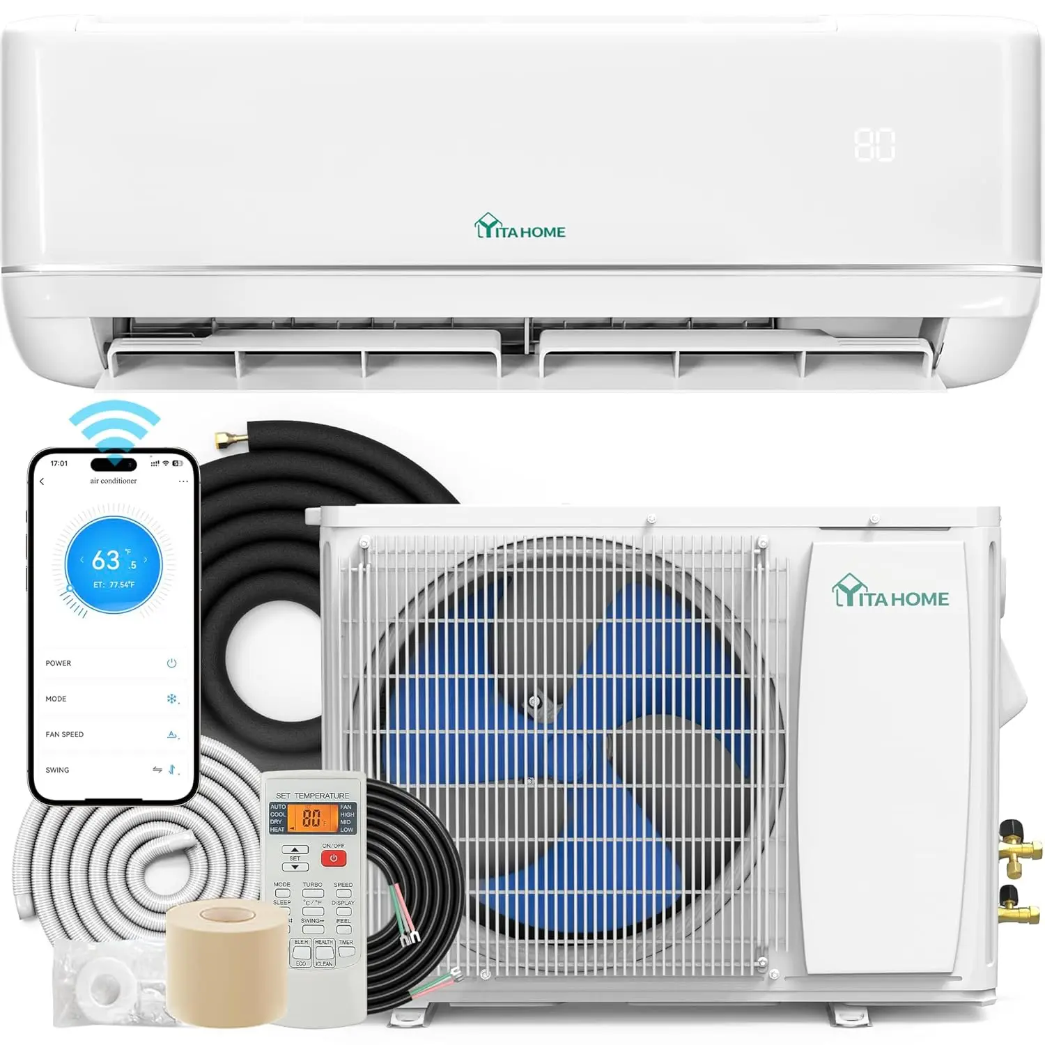 18000 BTU Mini Split AC/Heating System, WiFi Enabled 21 SEER2 208-230V Inverter Pre-charged AC Compatible with Alexa,, Custom