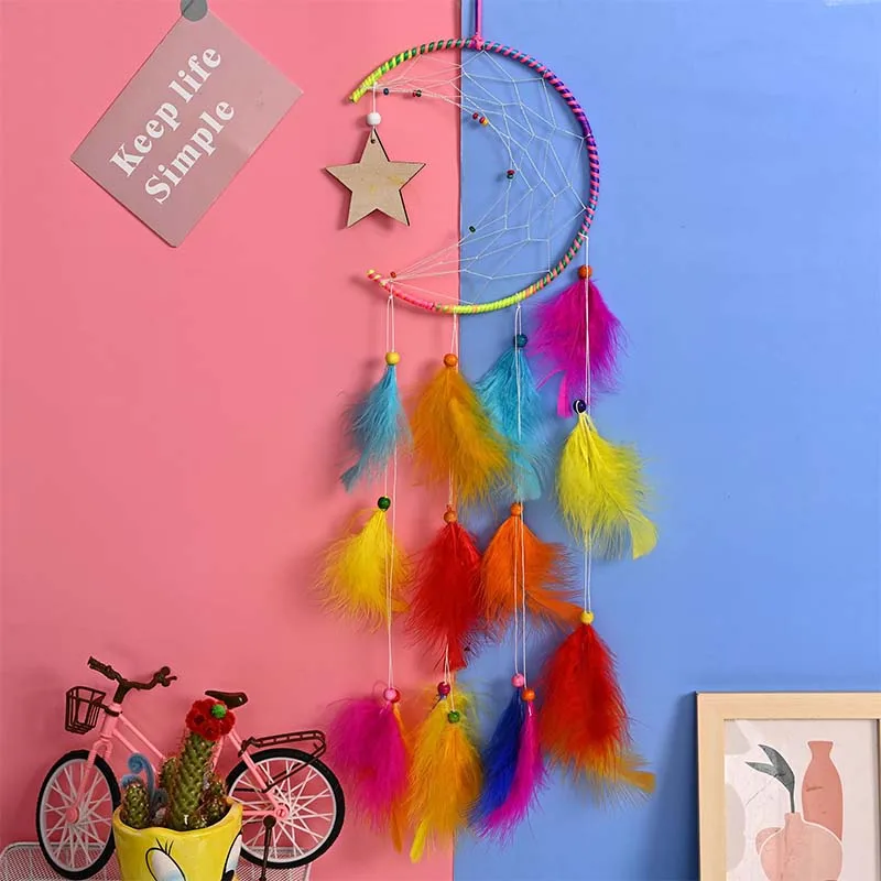 Dream Catcher with lights kawaii feather rainbow room decor for girl kids aesthetic Ornaments wall Handmade Home Decoration