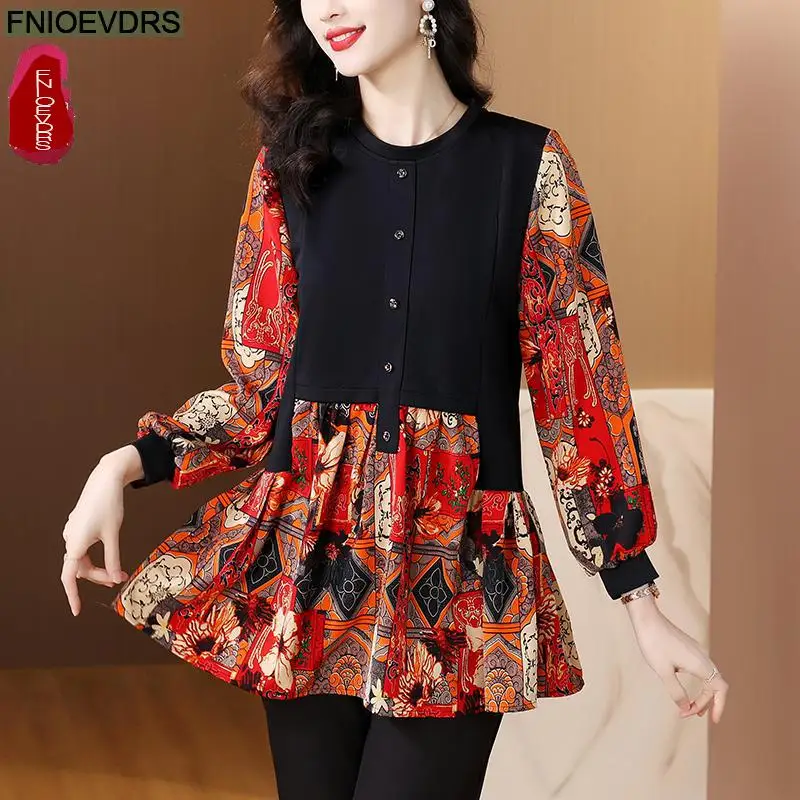 Loose Clothes Women 2024 Autumn Winter Elegant Office Lady Button Shirts Casual Retro Vintage Flower Tunic Peplum Tops Blouses