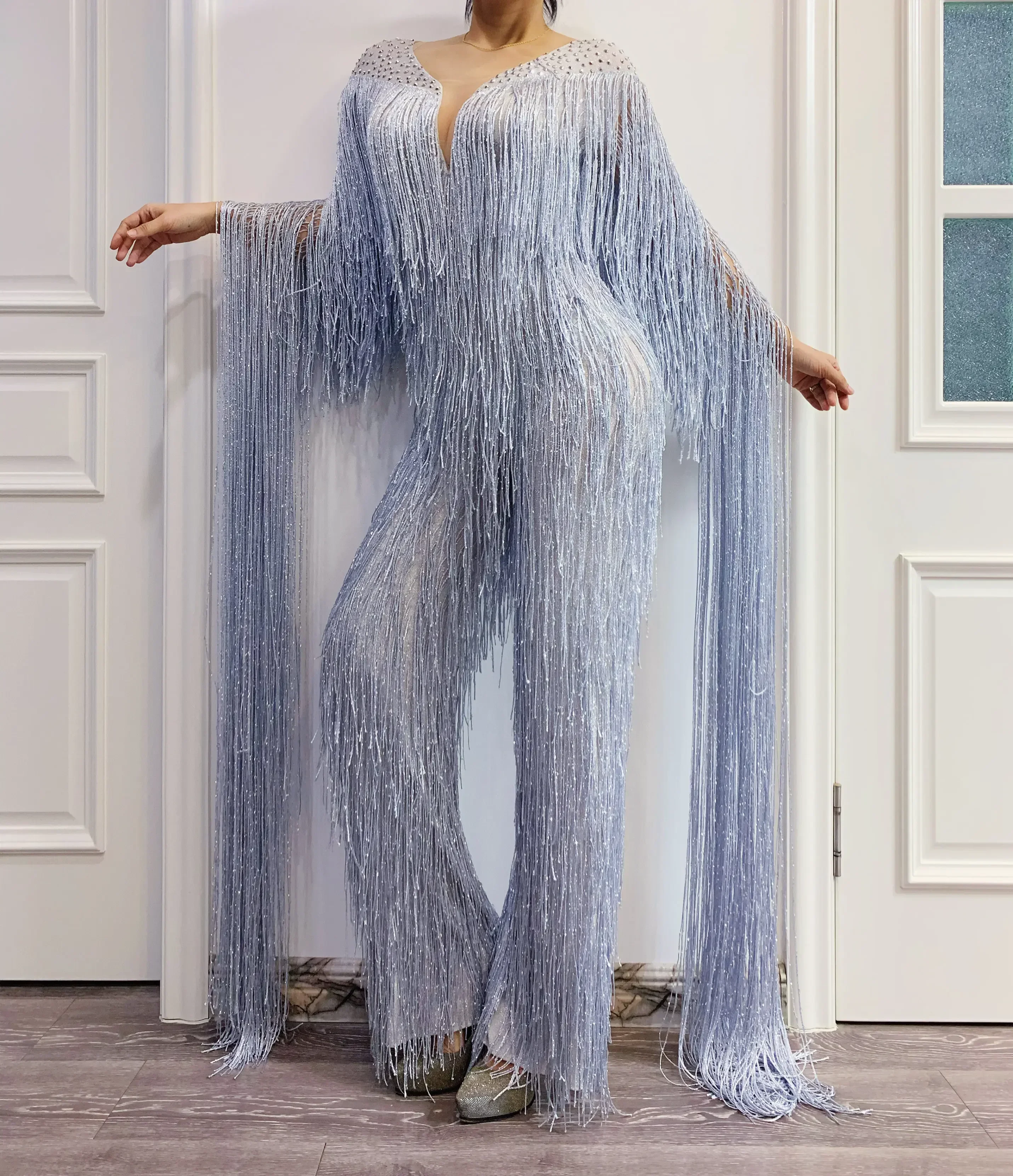 

Silver Gray Fringe Rhinestones Jumpsuit Birthday Celebrate Tassel Bodysuit Stage Dance Leggings Women Singer Dancer Outfit