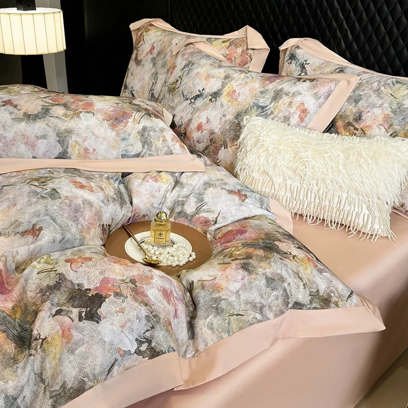4pcs Floral Print Egyptian 100% Cotton Bedding Set Queen King Comforter Duvet Cover Flat/Fitted Bed Sheet Pillowcases 48x74cm
