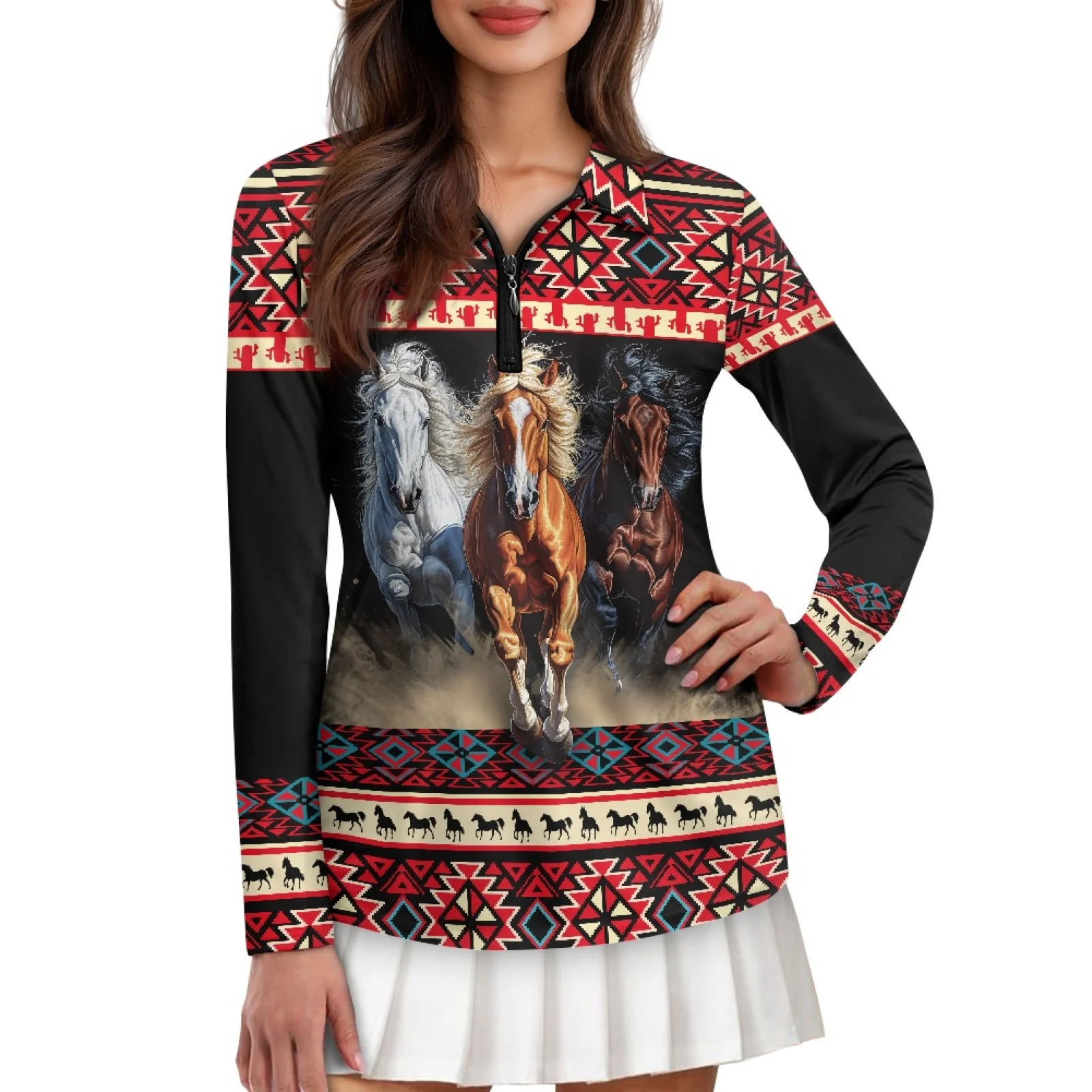 PENSTROLL Horse Print Womens Quick Dry Athletic Sport Tops Quarter Zip Zip Polo Tennis Top for Travel