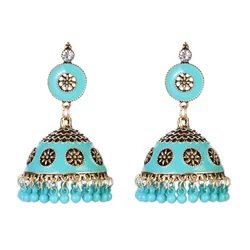 Boho Afghan Blue Flower Drop Earrings for Women Antique Gold Plated Hollow Earrings Vintage Ethnic Beads Tassel Earrings Jewelry